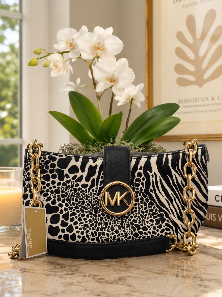 Michael Kors Carmen Small Black Calf Hair Pouchette Shoulder Bag Chain Nwt